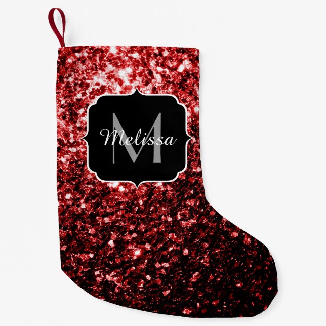 Dark Red faux Glitter sparkles Glamour Monogram Small Christmas Stocking (Front)
