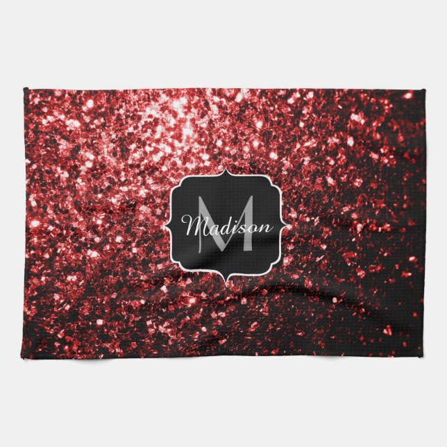 Dark Red faux Glitter sparkles Glamour Monogram Tea Towel (Horizontal)