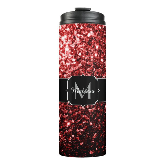 Dark Red faux Glitter sparkles Glamour Monogram Thermal Tumbler (Front)