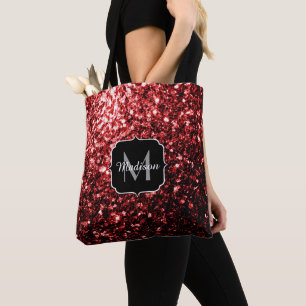 Dark Red faux Glitter sparkles Glamour Monogram Tote Bag