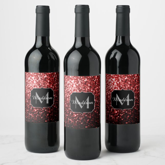 Dark Red faux Glitter sparkles Glamour Monogram Wine Label (Bottles)
