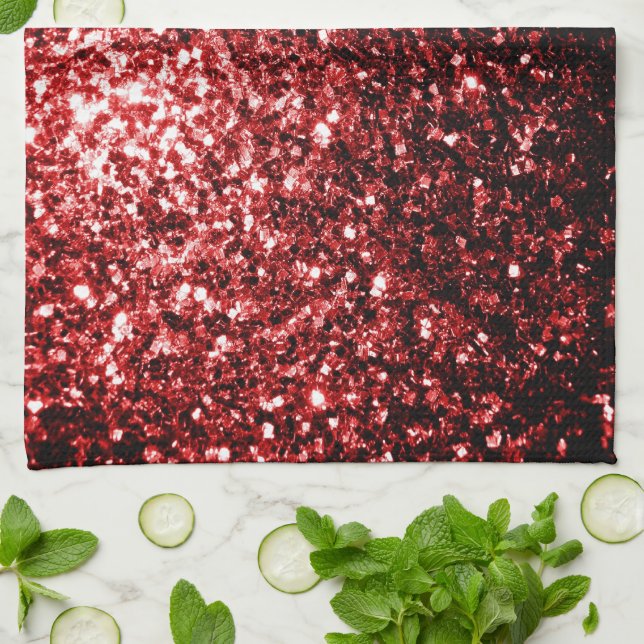 Dark Red faux Glitter sparkles Glamour Tea Towel (Folded)