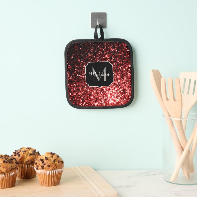 Dark red faux glitter sparkles Monogram Pot Holder (Insitu(Hanging))