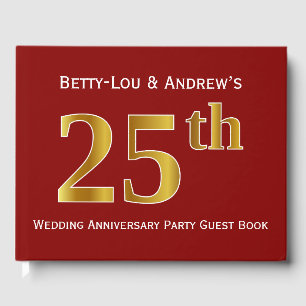 Dark Red, Faux Gold 25th Wedding Anniversary Party Guest Book