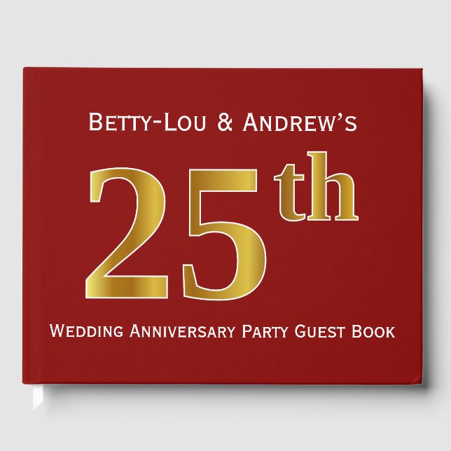 Dark Red, Faux Gold 25th Wedding Anniversary Party Guest Book (Front)