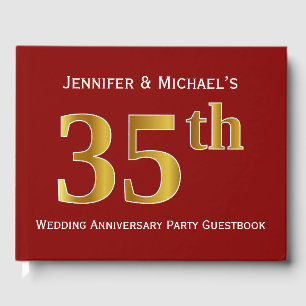 Dark Red, Faux Gold 35th Wedding Anniversary Party Guest Book