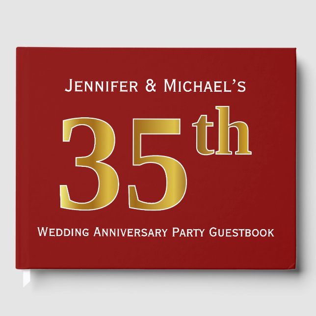 Dark Red, Faux Gold 35th Wedding Anniversary Party Guest Book (Front)