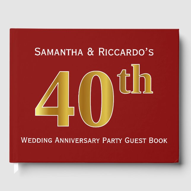Dark Red, Faux Gold 40th Wedding Anniversary Party Guest Book (Front)