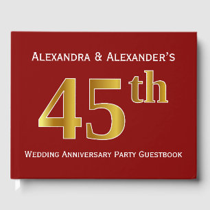 Dark Red, Faux Gold 45th Wedding Anniversary Party Guest Book