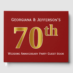 Dark Red, Faux Gold 70th Wedding Anniversary Party Guest Book