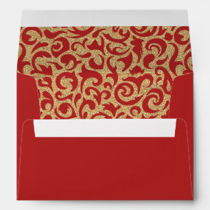 Dark Red Faux Gold Glitter Damask Floral Pattern Envelopes