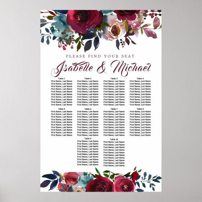 Dark Red Floral 10-Table Wedding Seating Chart (Front)