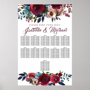 Dark Red Floral 11-Table Wedding Seating Chart