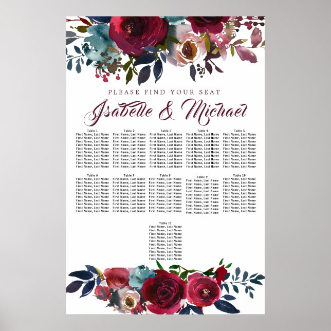 Dark Red Floral 11-Table Wedding Seating Chart (Front)