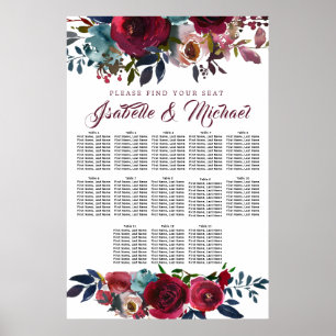 Dark Red Floral 13-Table Wedding Seating Chart
