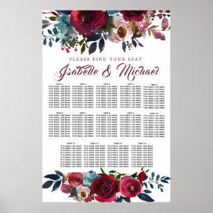Dark Red Floral 14-Table Wedding Seating Chart