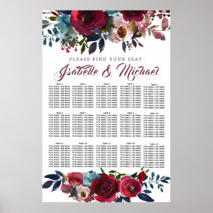 Dark Red Floral 15-Table Wedding Seating Chart