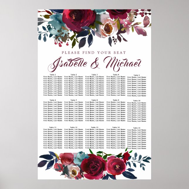 Dark Red Floral 15-Table Wedding Seating Chart (Front)