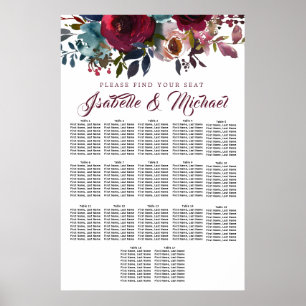 Dark Red Floral 17-Table Wedding Seating Chart