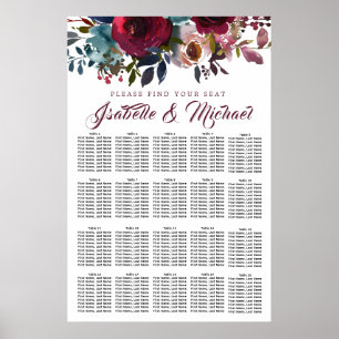 Dark Red Floral 20-Table Wedding Seating Chart