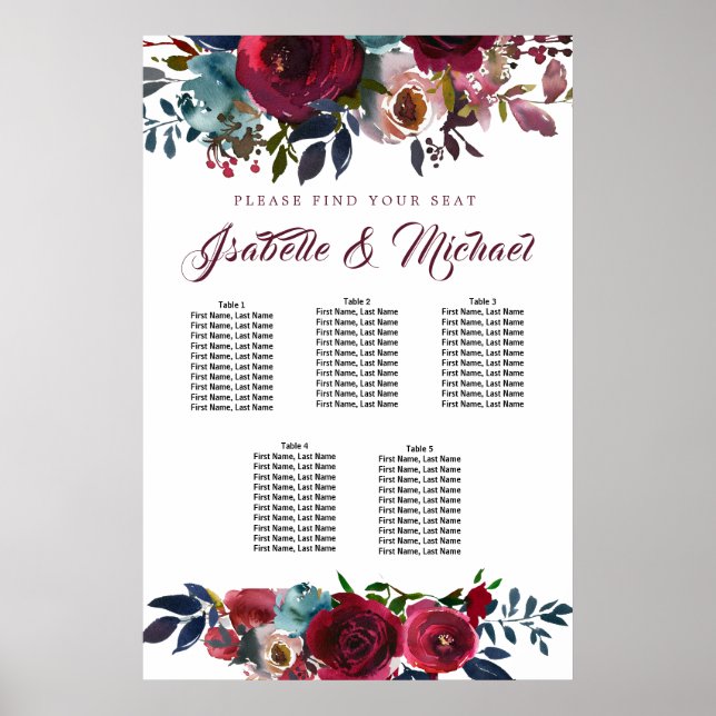 Dark Red Floral 5-Table Wedding Seating Chart (Front)