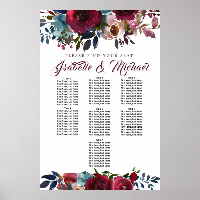 Dark Red Floral 7-Table Wedding Seating Chart (Front)