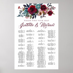 Dark Red Floral Alphabetical Wedding Seating Chart