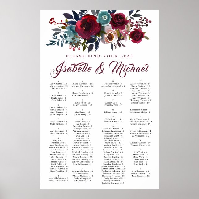 Dark Red Floral Alphabetical Wedding Seating Chart (Front)