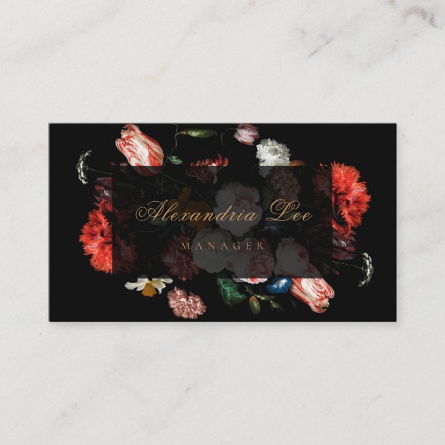 Dark Red Floral Black Business Card Wedding (Front)