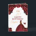 Dark Red Floral Brown Hair Girl Happy Birthday Card<br><div class="desc">This elegant and glamourous birthday card can be personalised with a name or title such as daughter, granddaughter, niece, friend etc. The design features a beautiful princess with brown hair in a burgundy red ball gown. The text combines handwritten script and modern sans serif fonts for a classy and sophisticated...</div>