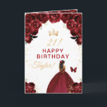 Dark Red Floral Dark Skin Girl Happy Birthday Card<br><div class="desc">This elegant and glamourous birthday card can be personalised with a name or title such as daughter, granddaughter, niece, friend etc. The design features a beautiful princess with dark skin in a burgundy red ball gown. The text combines handwritten script and modern sans serif fonts for a classy and sophisticated...</div>