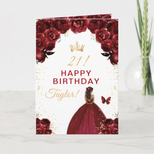 Dark Red Floral Dark Skin Girl Happy Birthday Card