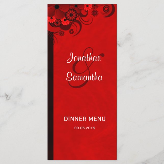 Dark Red Floral Gothic Wedding Dinner Menu Cards (Front)