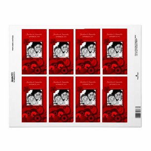 Dark Red Floral Wedding Photo Favour Wine Labels