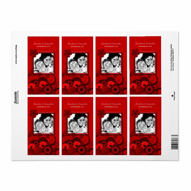 Dark Red Floral Wedding Photo Favour Wine Labels (Full Sheet)