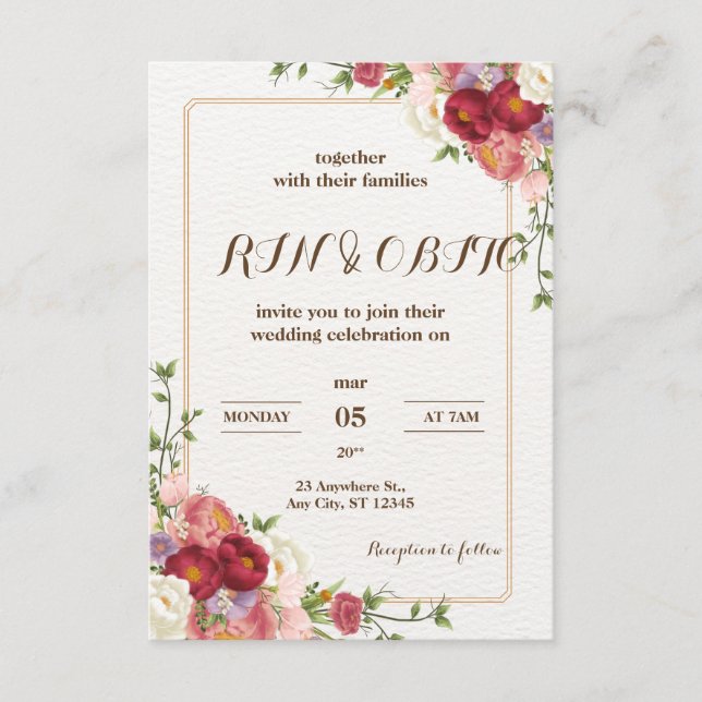 Dark Red Flower Wedding| gold foil invatation Enclosure Card (Front)
