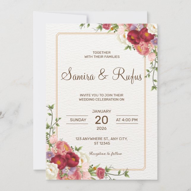 Dark Red Flower Wedding Invitation (Front)