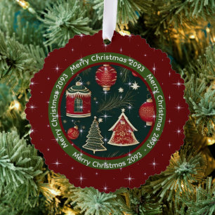 Dark Red Forest Green Personalized Merry Christmas Tree Decoration Card