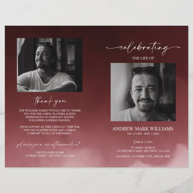 Dark Red Funeral Order of Service Folded Program (Front)