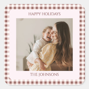 Dark Red Gingham Plaid Custom Photo Greeting Square Sticker