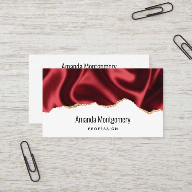 Dark Red Glam Wavy Satin Abstract Design Business Card (Front/Back In Situ)