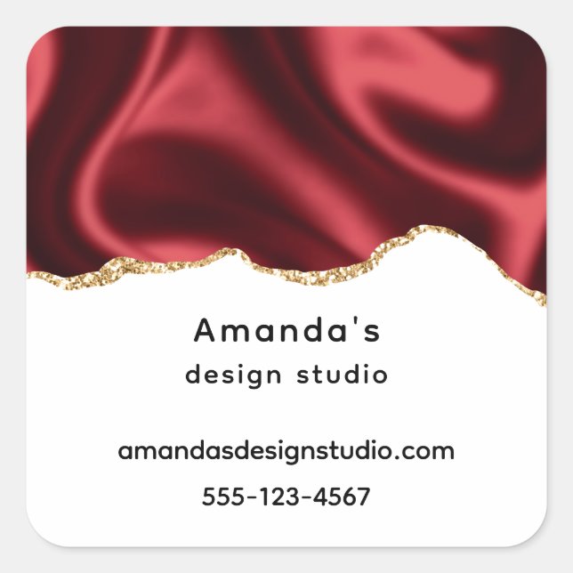 Dark Red Glam Wavy Satin Abstract Design Business Square Sticker (Front)