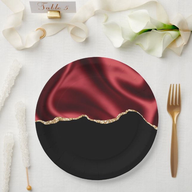 Dark Red Glam Wavy Satin Abstract Design Paper Plate (Wedding)