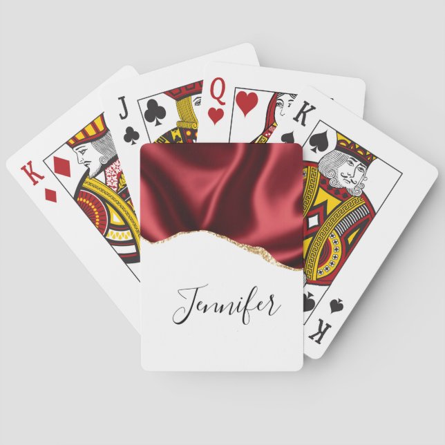Dark Red Glam Wavy Satin Abstract Design Playing Cards (Back)
