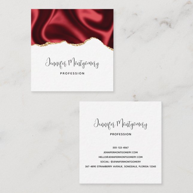 Dark Red Glam Wavy Satin Abstract Design Square Business Card (Front/Back)