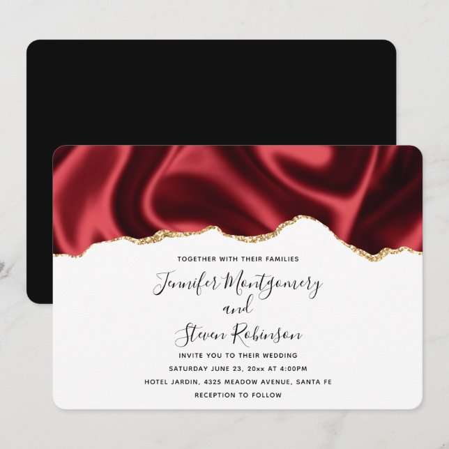 Dark Red Glam Wavy Satin Abstract Design Wedding Invitation (Front/Back)