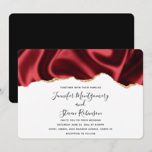 Dark Red Glam Wavy Satin Abstract Design Wedding Invitation