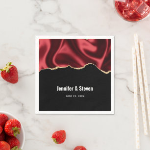 Dark Red Glam Wavy Satin Abstract Design Wedding Napkin