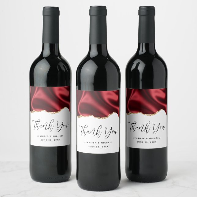 Dark Red Glam Wavy Satin Abstract Design Wedding Wine Label (Bottles)