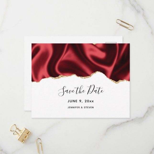 Dark Red Glam Wavy Satin Design - Save the Date Invitation Postcard (Front/Back In Situ)